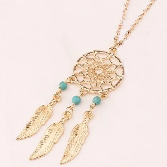 Dreamcatcher Gold Feather Turquoise Charm Necklace - Picture 3 of 5